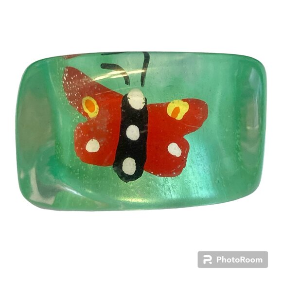 Vintage Lucite Acrylic Butterfly Ring Size 7 Retro Abstract Green Red Chunky - Picture 1 of 9